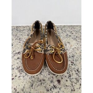 Sperry Womens Leopard Print Brown Leather Boat Shoes Loafers Size 8.5M